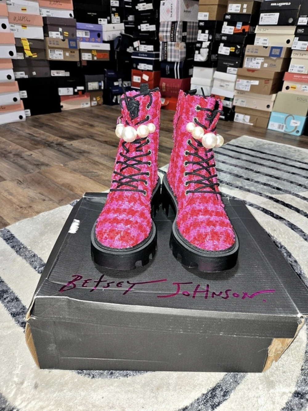 Betsey Johnson Jonnie Embellished Combat Booties Pink & Black